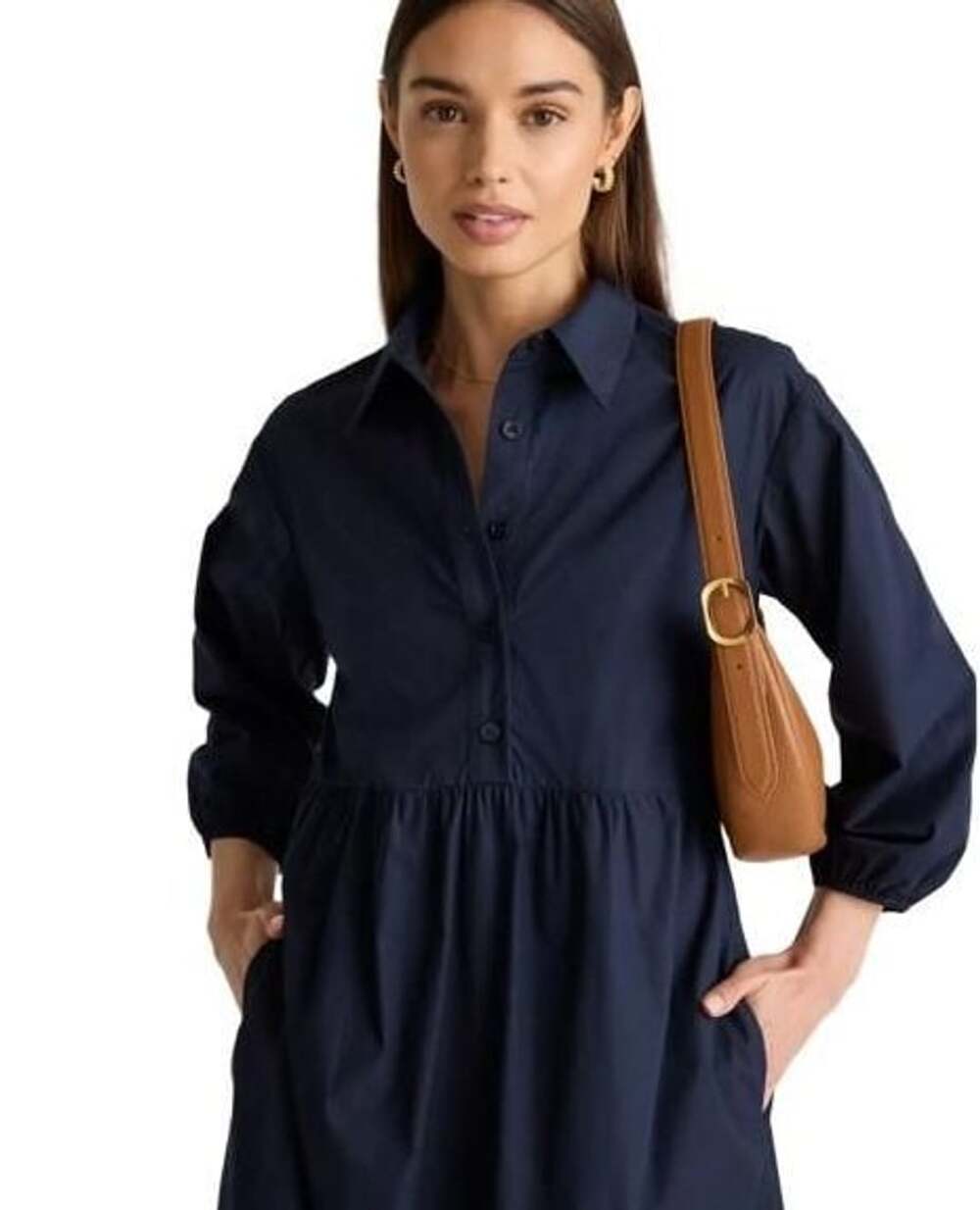 Quince 100% Organic Cotton Navy Tiered Poplin Tunic MIDI Shirt Dress Size M